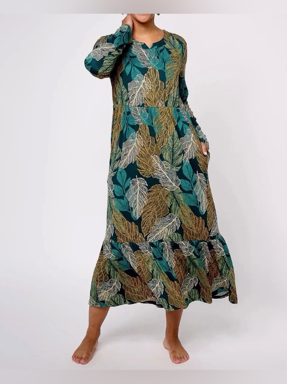 Stan Herman Teal Leaf Print Long Sleeve Maxi Dress w/Pockets Sz-XL Buttery Soft
